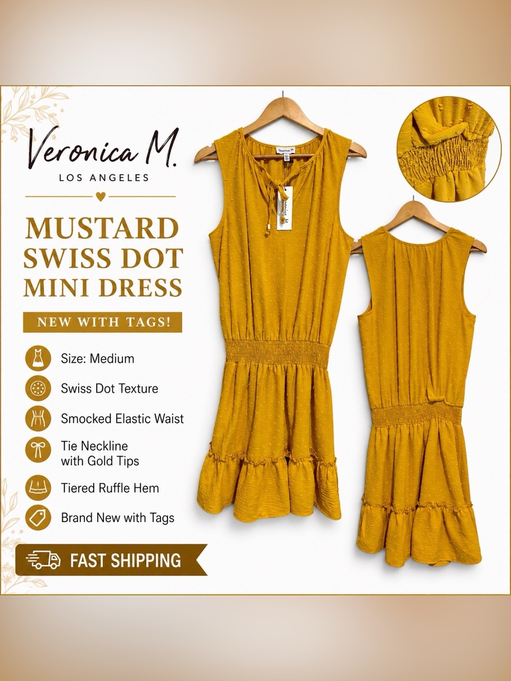Veronica M Mustard Yellow Sleeveless Swiss Dot Mini Dress Size M